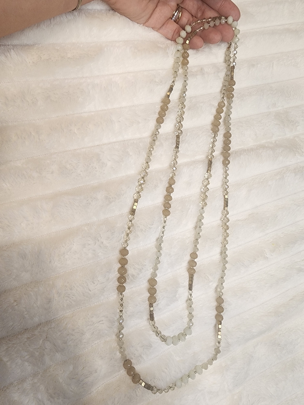 Long Layered Multistrand Necklace Ivory Champagne Crystal Look Faceted Beads